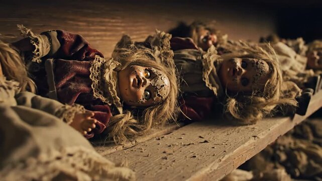 The dark, unsettling close-up shows decaying creepy dolls lying abandoned on a dusty shelf in their forgotten prison.