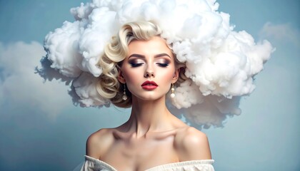 A woman with curled blonde hair and sophisticated makeup, crowned with a cloud-like formation against a blue sky
