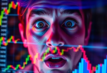 Fototapeta premium Astonished face reflected on vibrant stock market chart, trader, volatility