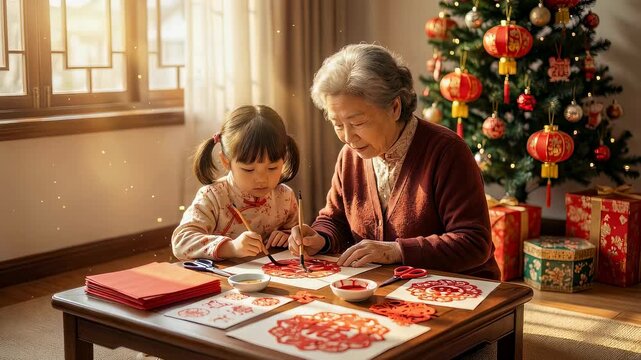 Happy asian woman and girl doing paper cut art with senior mentor during Chinese New Year celebration, cultural tradition learning.