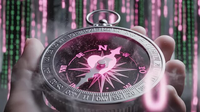 Hand Holding Compass Pointing to Love in Digital Forest Concept