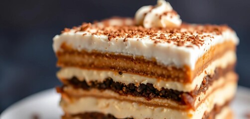 Close-up of rich, layered tiramisu dessert; creamy mascarpone, coffee-soaked ladyfingers,  sweet treat,  isolated