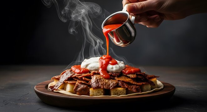 Hand pouring hot tomato sauce over steaming Iskender Kebab with yogurt and meat