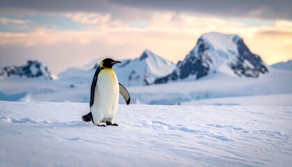 Fototapeta premium A solitary penguin stands on a snowy expanse against a backdrop of majestic mountains and a softly lit, pastel sky