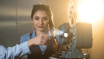 A young woman smiles, adjusting a vintage film projector. Warm light illuminates the scene, suggesting a movie screening