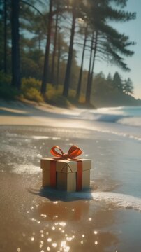 A single ribboned gift box placed at the edge of a sandy beach. Foamy waves sparkle under br
