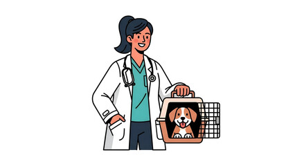 Smiling Female Veterinarian Holding Puppy in Pet Carrier, Isolated on Transparent Background