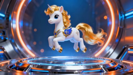 A magical white unicorn with golden mane and tail leaps gracefully within a futuristic glowing circular chamber.