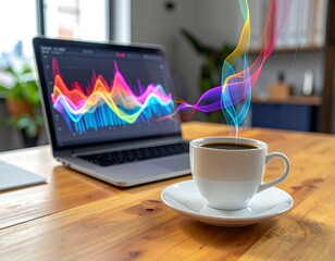 Coffee mug on a wooden table, laptop displaying colorful data