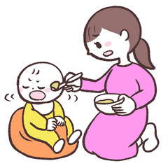 食事いやいやする赤ちゃんと女性のイラスト