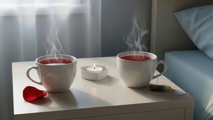 Obraz premium Cozy Comfort: Two Steaming Mugs & Candlelit Serenity to Warm Your Soul and Bring a Romantic and Peaceful Ambiance