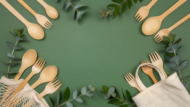 Eco-friendly disposable wooden cutlery and eucalyptus leaves frame on green background