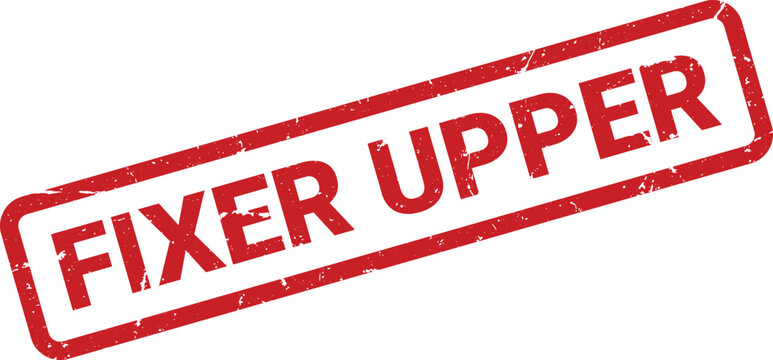 Red Fixer Upper Rubber Stamp on White Background, Angled View, Texture and Wear Evident