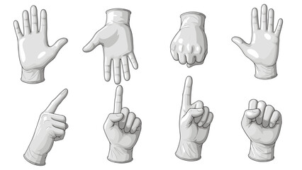 Fototapeta premium Dynamic collection of cartoon-style gloved hands performing diverse gestures and communication signals, isolated on a stark black background