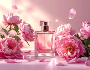Elegant perfume bottle with soft pink peonies and falling petals
