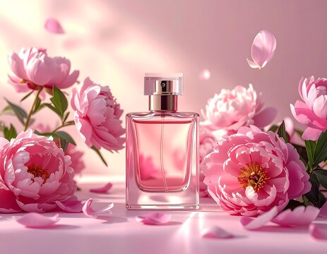 Elegant perfume bottle with soft pink peonies and falling petals
