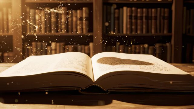 Mystical Book Glows on Library Table, Magical Dust Particles Swirling