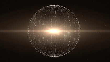 Abstract glowing sphere of particles with bright light flare on dark background