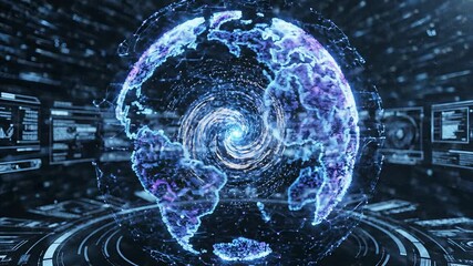Dynamic digital globe with glowing network connections and data streams representing global communication artificial intelligence and advanced technology in a futuristic environment with holographic . - Powered by Adobe