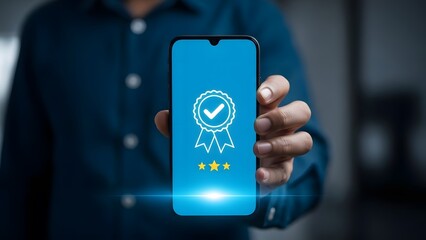 Person holding smartphone with verification badge on screen