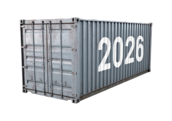 Shipping container with 2026 number for industrial and logistic themes on transparent background, PNG
