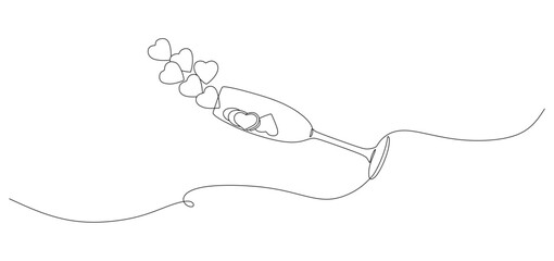 Continuous Line Art of Champagne Glass with Flying Hearts