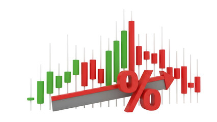 Red percentage symbol on candlestick chart graph