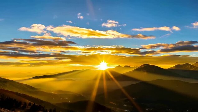 Cinematic timelapse of golden sunrise over mountain range with flowing clouds and warm light, ideal for nature documentaries, travel promotion, and inspirational background footage