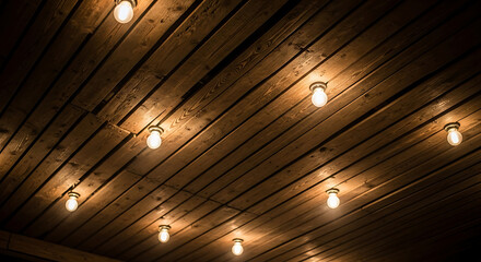 Warm glowing light bulbs arranged in a pattern on a rustic dark wood plank ceiling.
