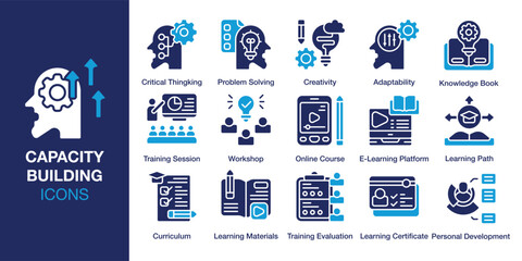 Capacity Building Icon set. Containing skills, empowerment, learning, education, workshop and more. Solid vector icons collection. Vector illustration.