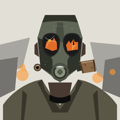 man with gas mask and helmet