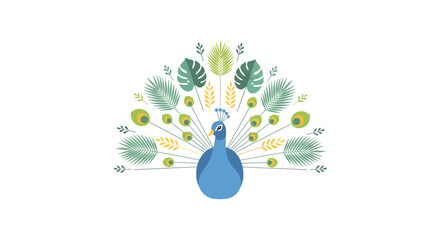 Elegant illustrated peacock with elaborate feather display in calming pastel tones ideal for