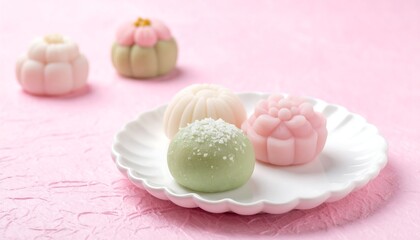 Delicate and colorful Japanese wagashi sweets artfully arranged on a white plate against a soft pink background.