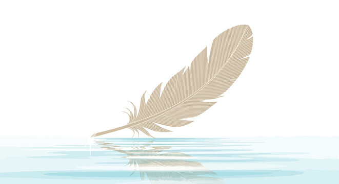 Elegant feather floating above calm water with subtle reflections in a minimalistic style