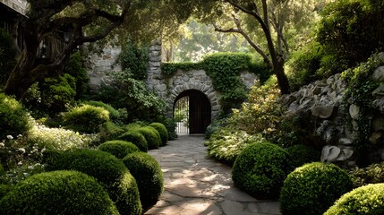 Enchanting Stone Archway and Lush Greenery in a Tranquil Garden.