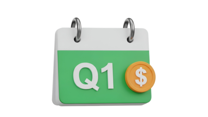 Green calendar with Q1 and dollar coin first quarter concept