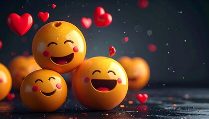 Charming composition of animated, smiley-faced orbs and floating hearts against a bokeh-filled, dark backdrop