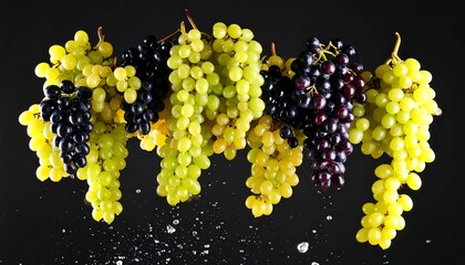 Assortment of fresh grapes in various colors, possibly in the midst of washing or splash, isolated on black background