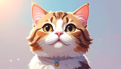 Close-up illustration of a charming tabby cat, featuring a white chest, big eyes, and a small collar, against a sunny backdrop