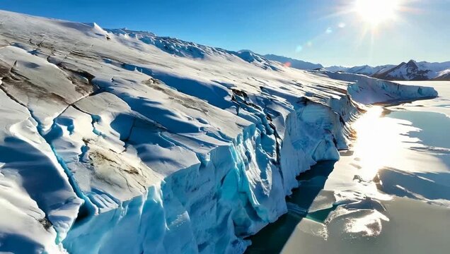 Stunning aerial view of a majestic glacier calving into the icy waters under a bright sun.