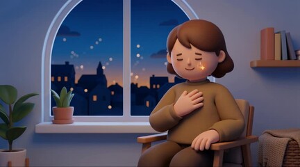 Cute cartoon girl meditates peacefully in cozy room at dusk