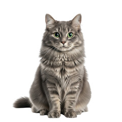 Obraz premium isolated transparent background of a beautiful grey domestic cat with bright green eyes sitting, looking directly at the camera.