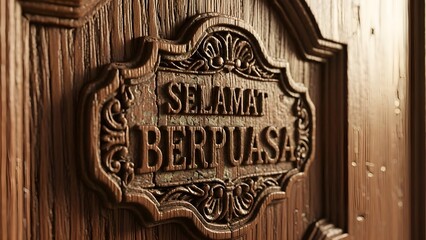 Close-up of a rustic wooden door featuring an intricately carved sign with the text "Selamat Berpuasa" (Happy Fasting). A traditional cultural greeting for Ramadan in Indonesia and Southeast Asia.