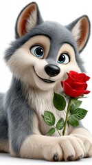 Smiling husky puppy with big blue eyes holds a red rose while lying on white, creating a heartwarming illustration ideal for valentines, kids designs, or pet themed branding.