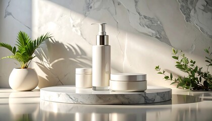Beauty product set of three with pump, jar and compact container placed on a marble surface with plants