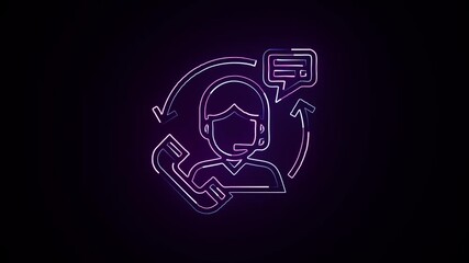 Glowing neon icon of customer support representative with phone and chat communication.