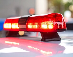Close-up of a bright red emergency light atop a vehicle, partially illuminating the surrounding area with a warm glow