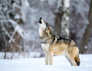 Obraz premium Gray wolf howling in snowy forest, head tilted back