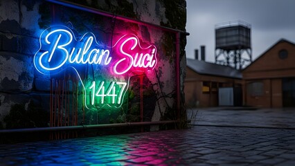 Atmospheric night scene featuring a glowing neon sign with the text "Bulan Suci 1447" (Holy Month 1447 H) mounted on an old brick wall. The sign reflects on the wet pavement, creating a modern urban