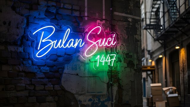Glowing blue and pink neon sign displaying "Bulan Suci 1447" (Holy Month 1447 H) mounted on a brick wall in a dark urban alley with fire escapes. A modern concept for Indonesian Ramadan celebration in - Powered by Adobe